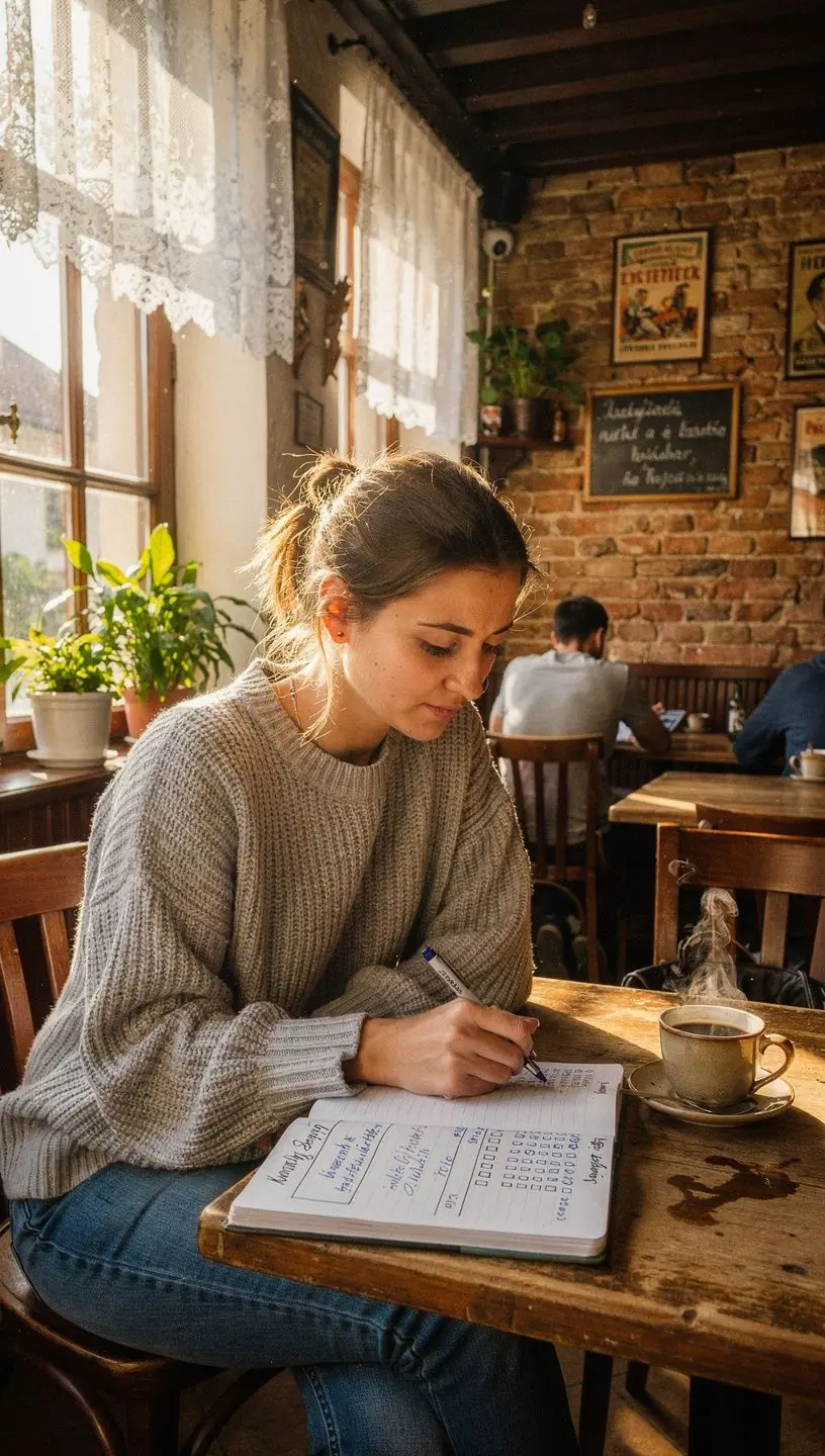 Egy napló és grafikonok, amelyek a pénzmegtakarítási szokások nyomon követését segítik, egy asztalon elhelyezve, oktató jellegű pénzügyi bloghoz kapcsolódóan.